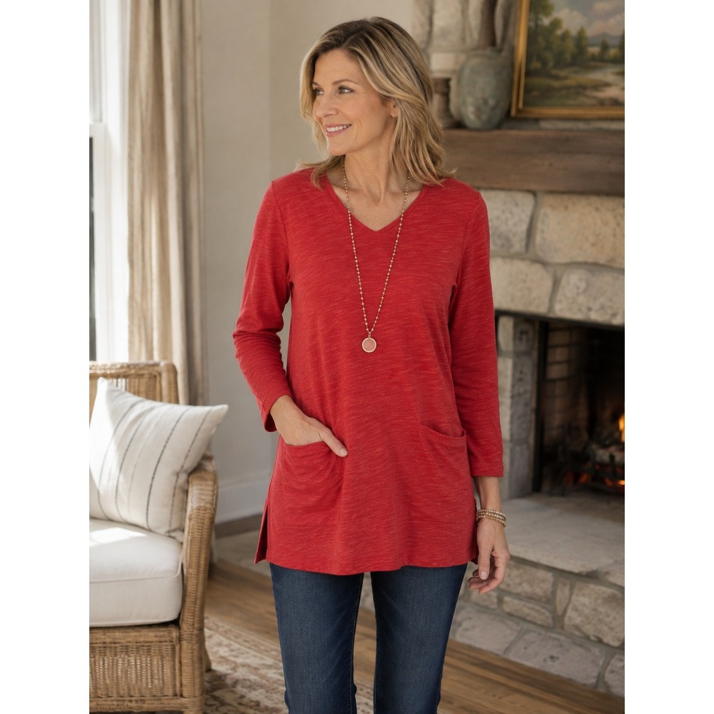 J Jill Womens Red Orange Slub Cotton Lagenlook Long Sleeve Tunic Top Pockets L